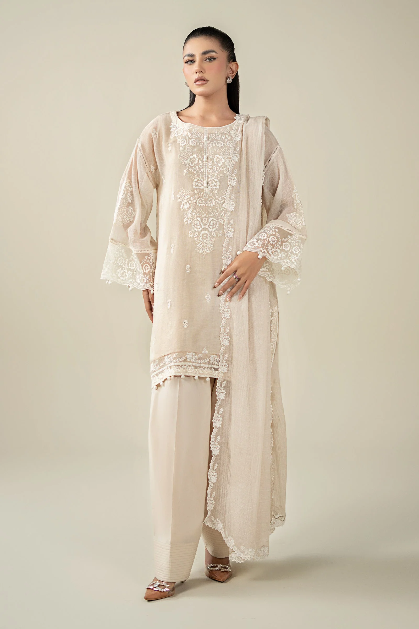 3 Piece Embroidered Cotton Net Suit