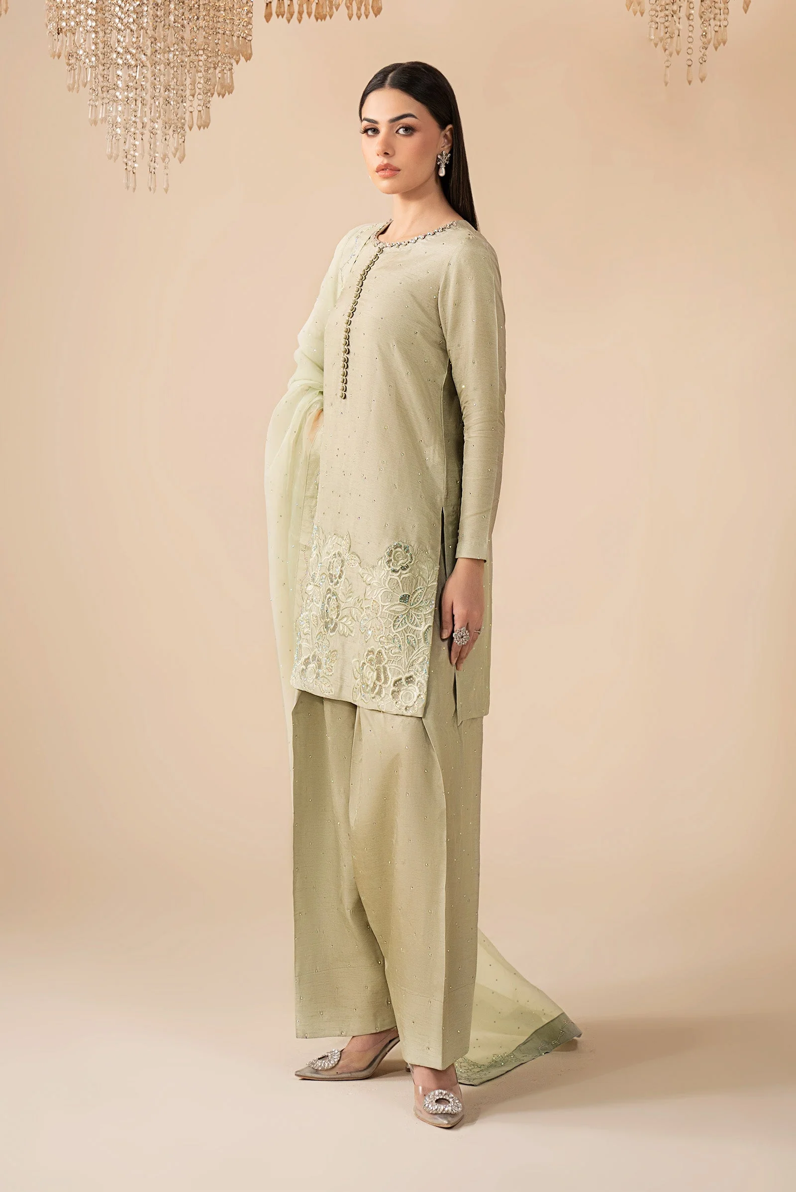 3 Piece Embellished Raw Silk Suit