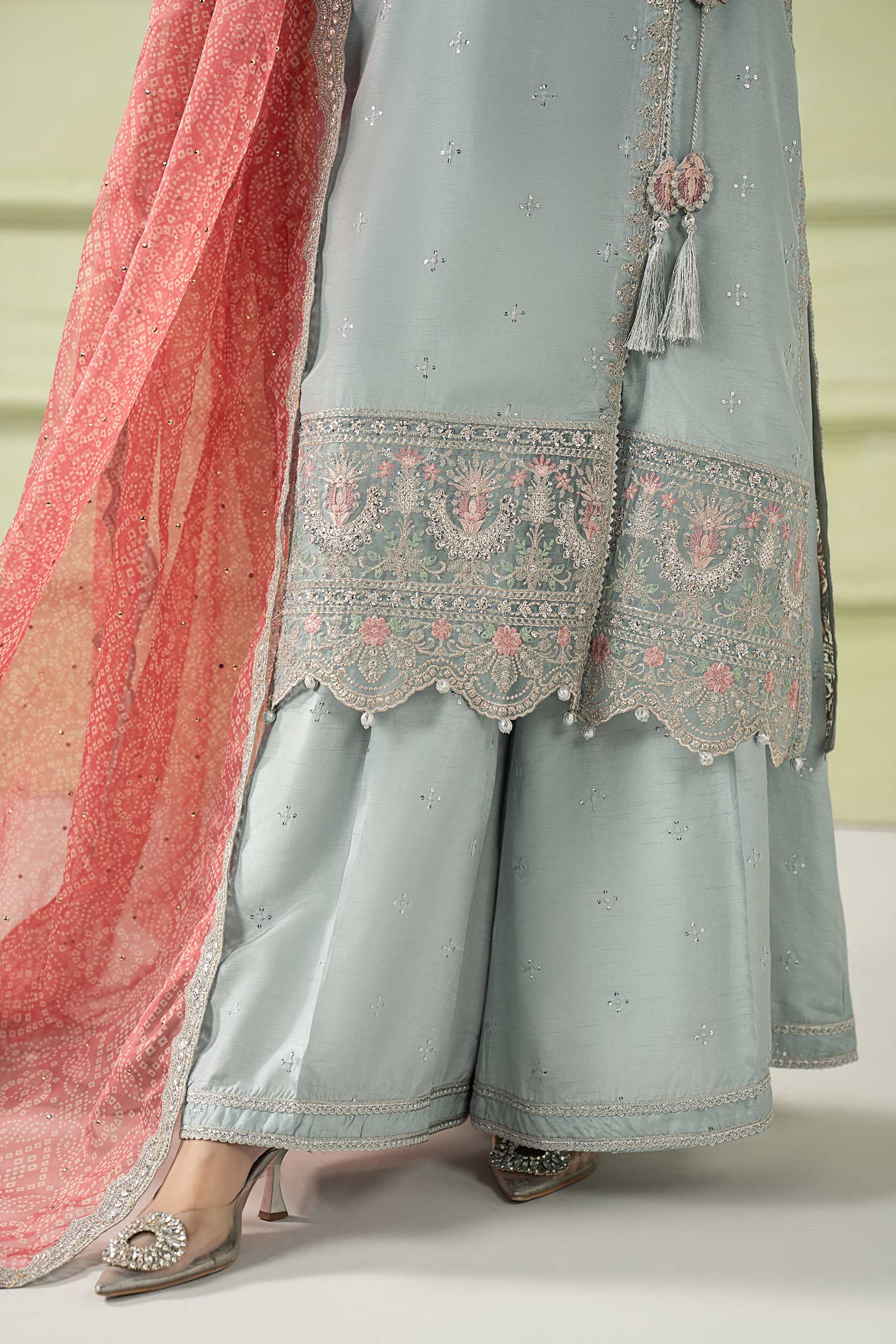 3 Piece Embroidered Raw Silk Suit