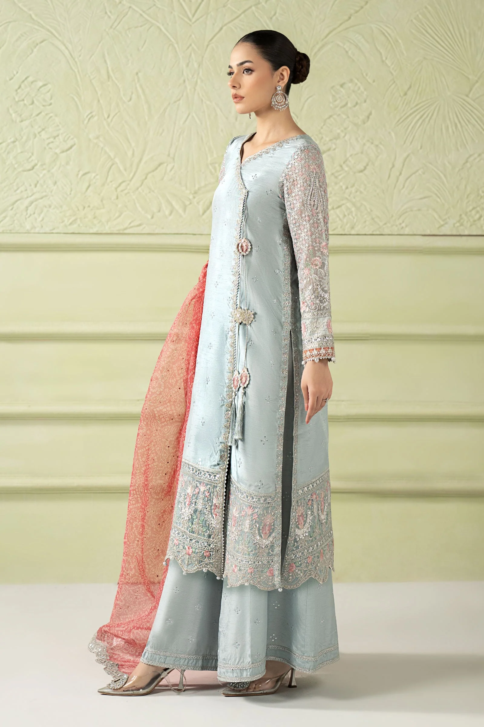 3 Piece Embroidered Raw Silk Suit