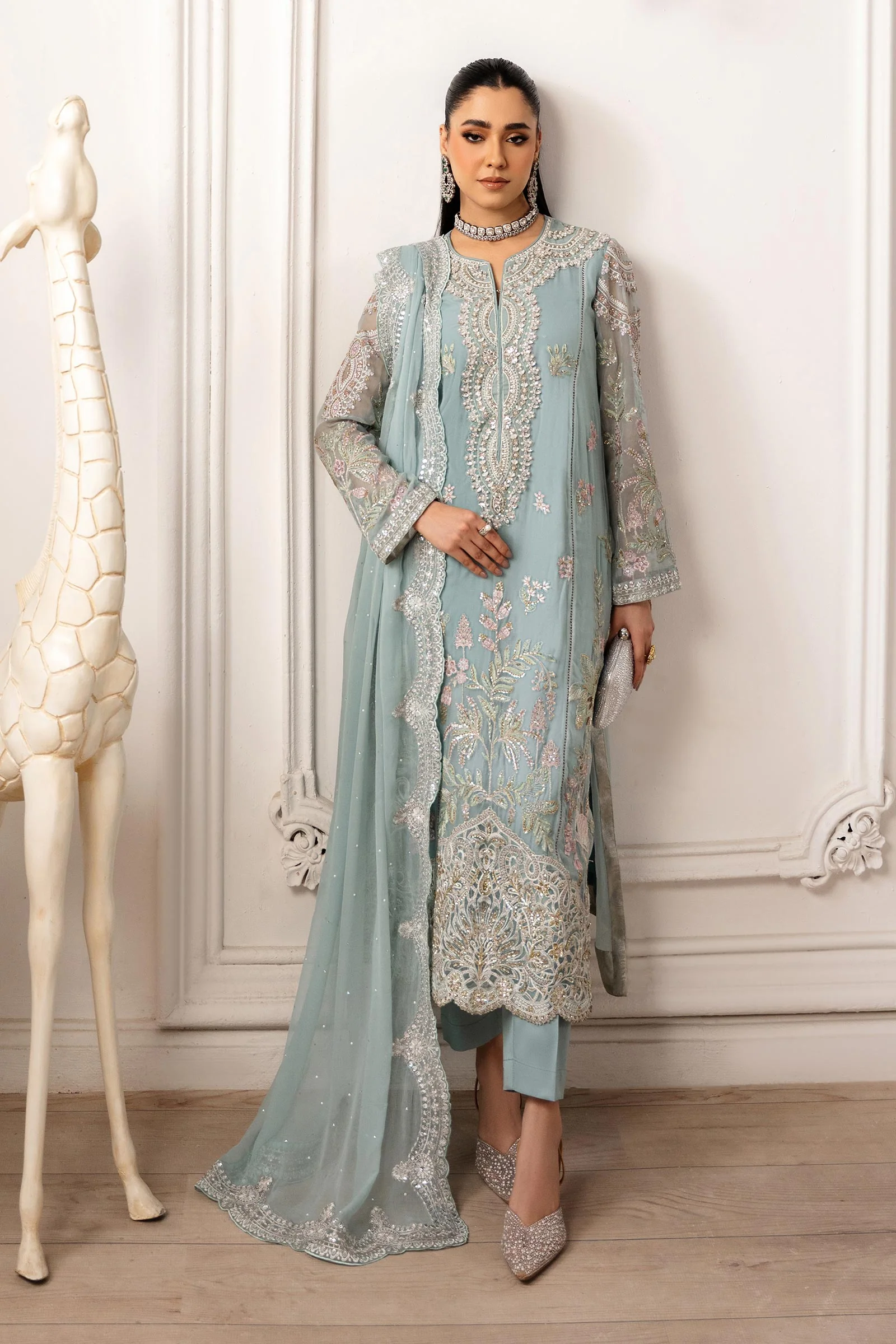 3 Piece Embroidered Chiffon Suit