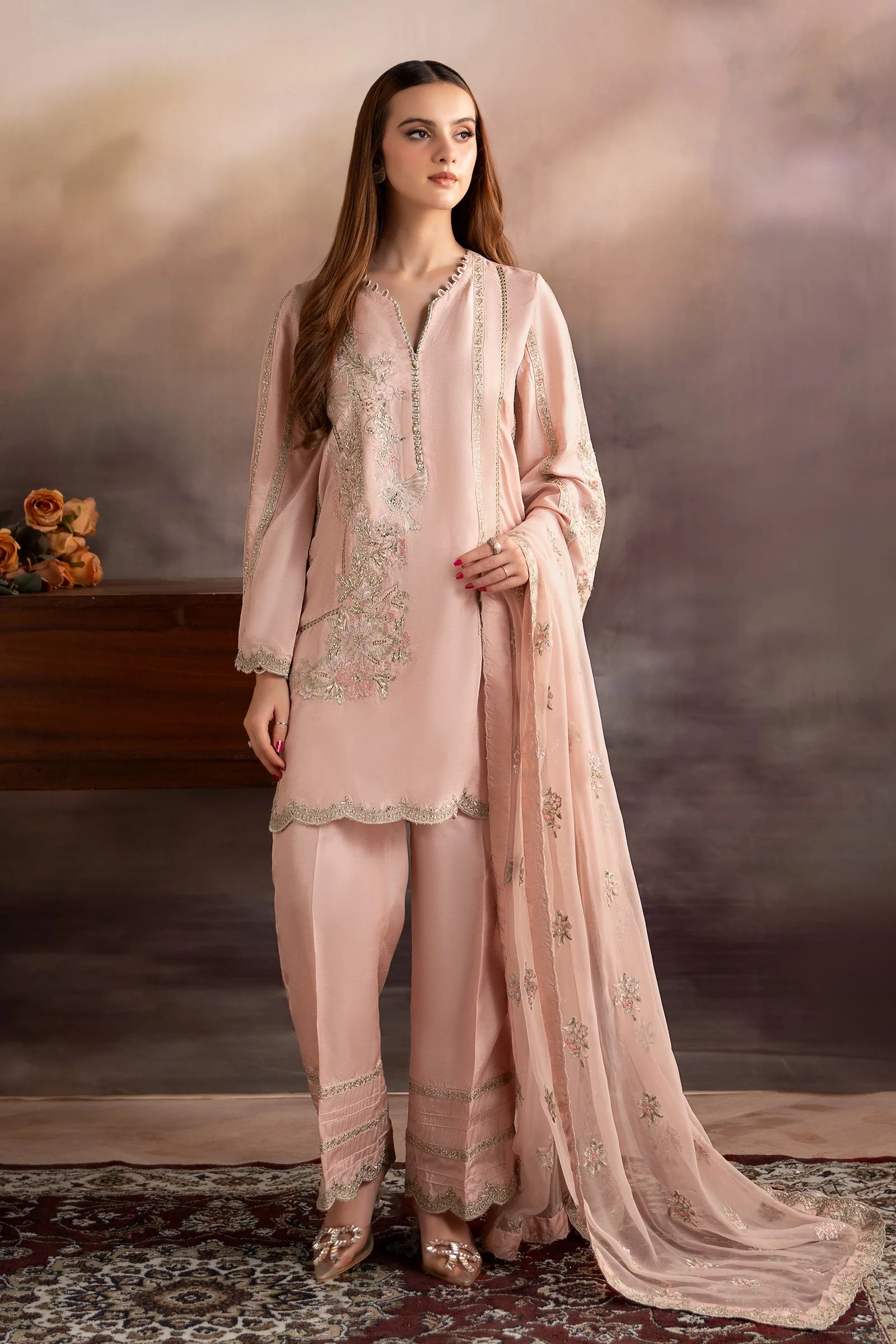 3 Piece Embroidered Raw Silk Suit