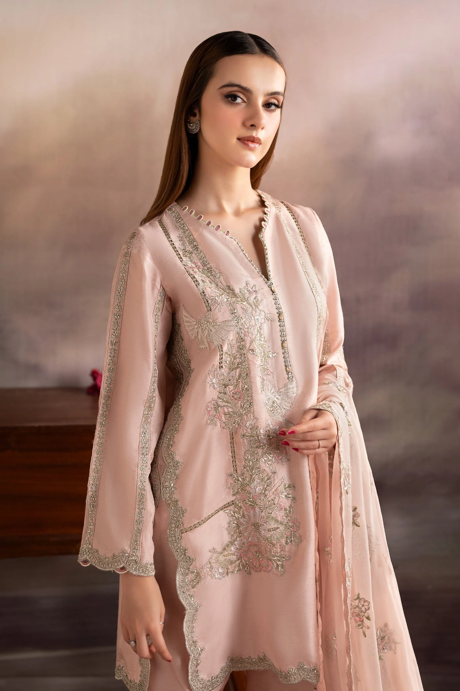 3 Piece Embroidered Raw Silk Suit