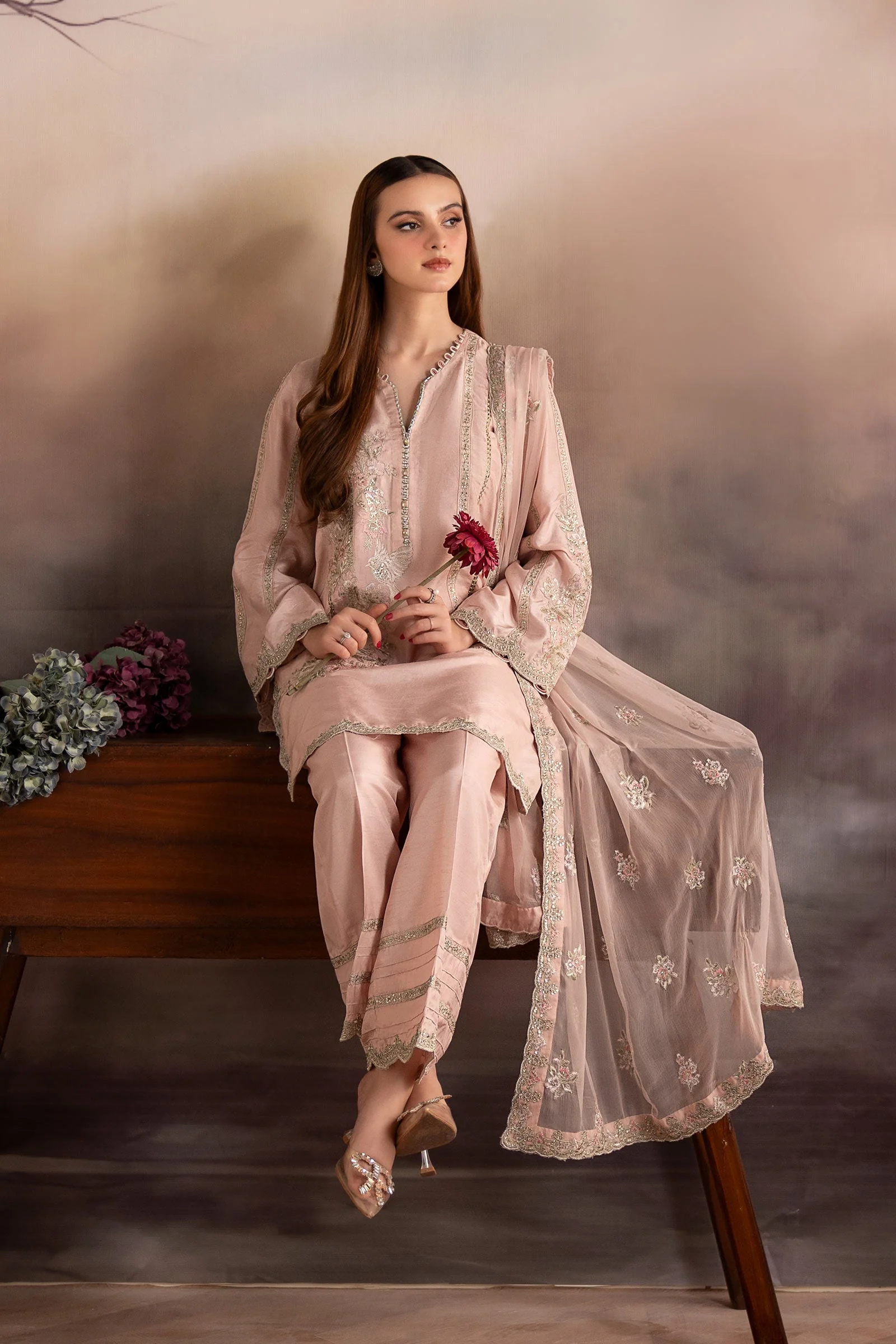 3 Piece Embroidered Raw Silk Suit