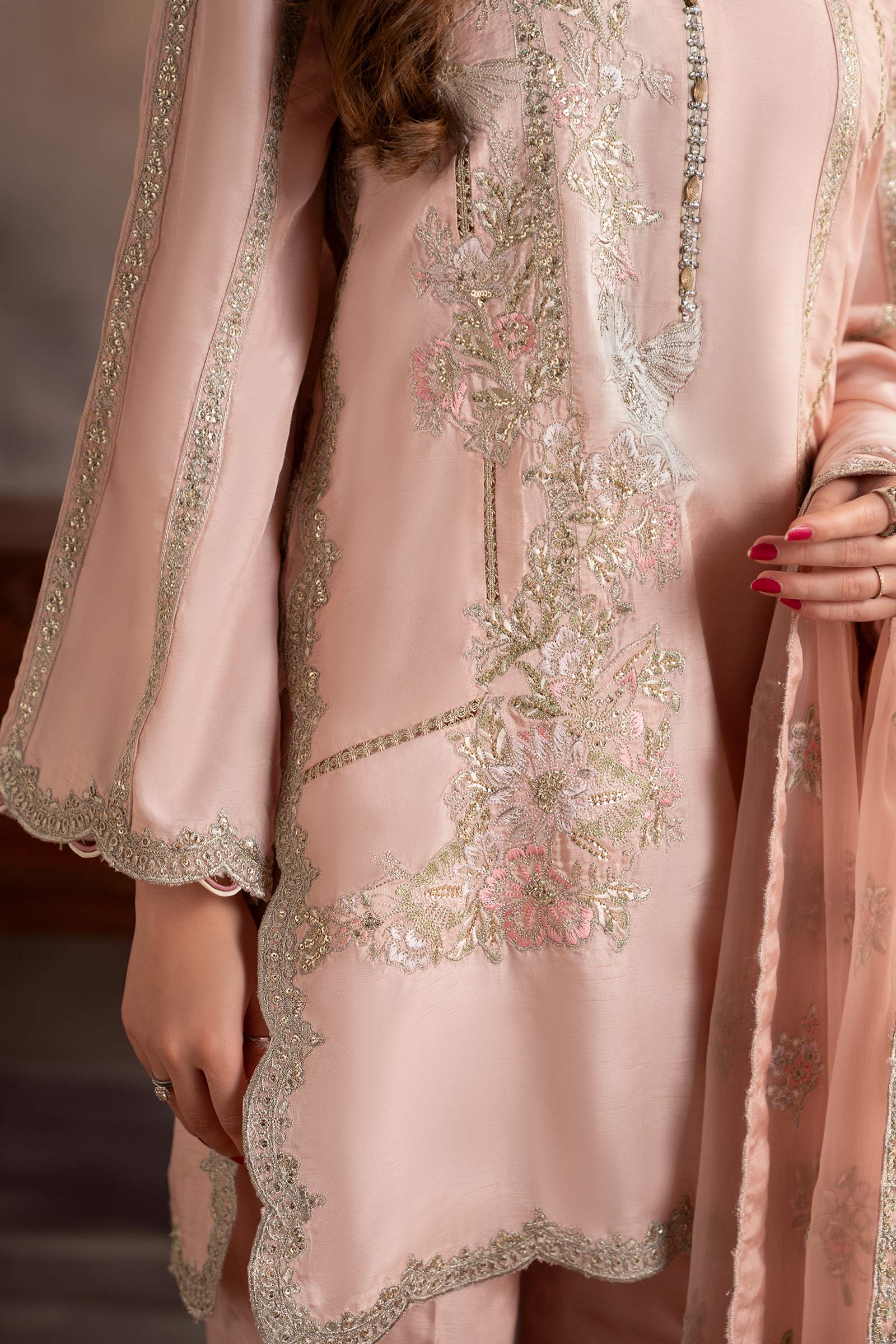 3 Piece Embroidered Raw Silk Suit