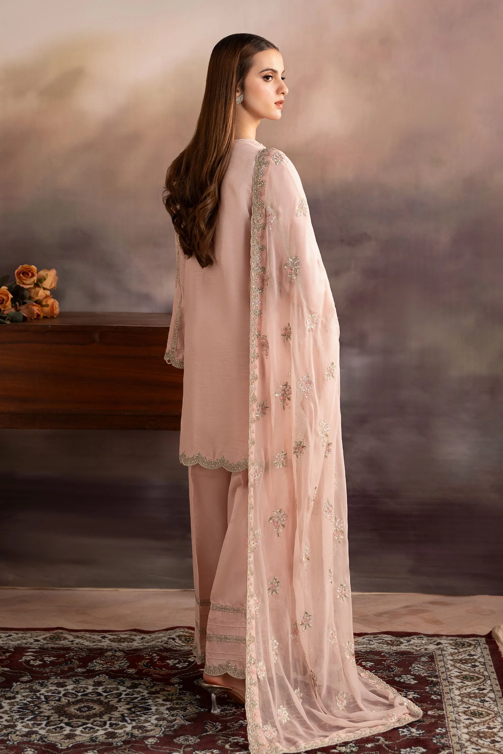 3 Piece Embroidered Raw Silk Suit