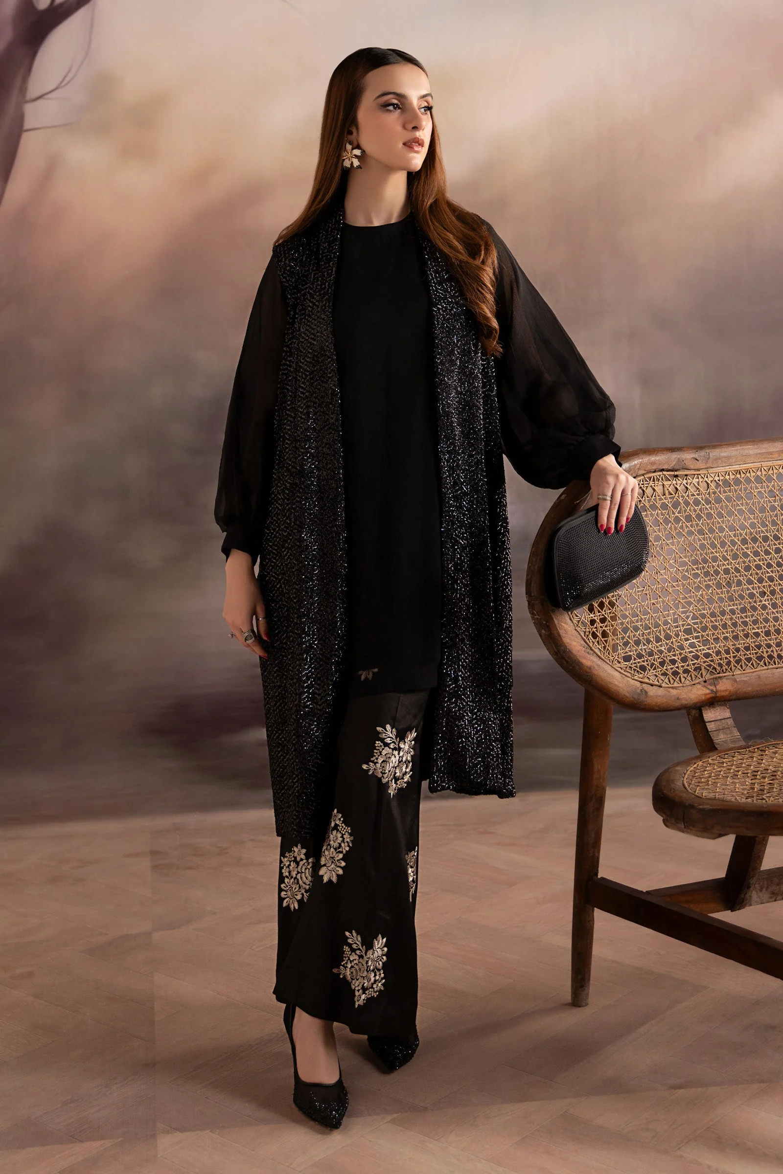 3 Piece Embroidered Raw Silk Suit