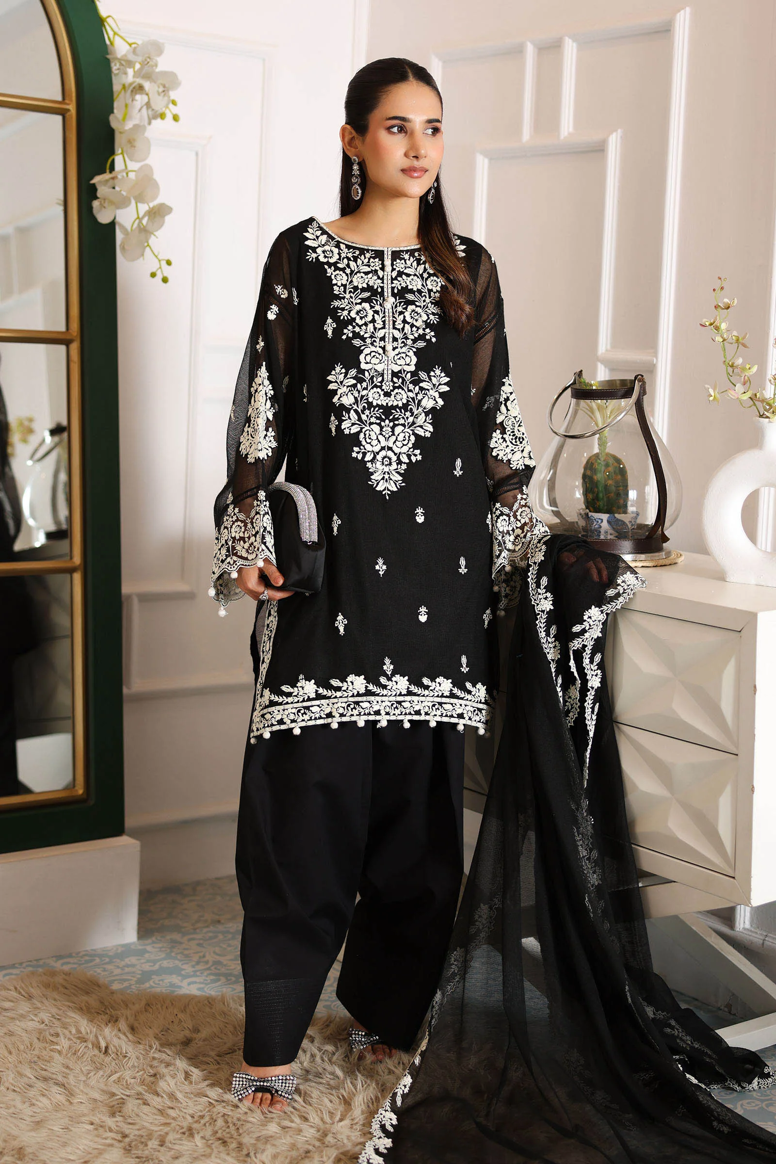 3 Piece Embroidered Cotton Net Suit