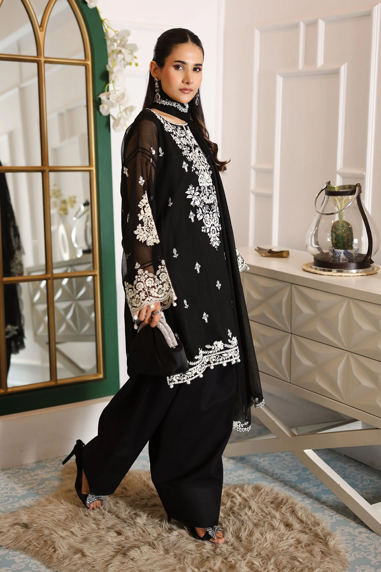 3 Piece Embroidered Cotton Net Suit
