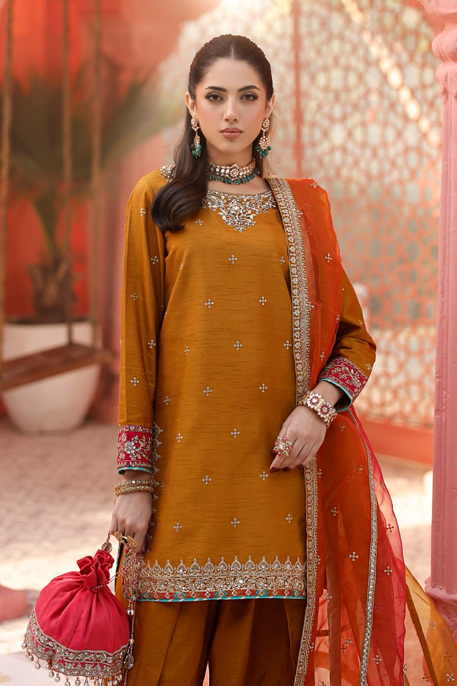 3 Piece Embroidered Raw Silk Suit