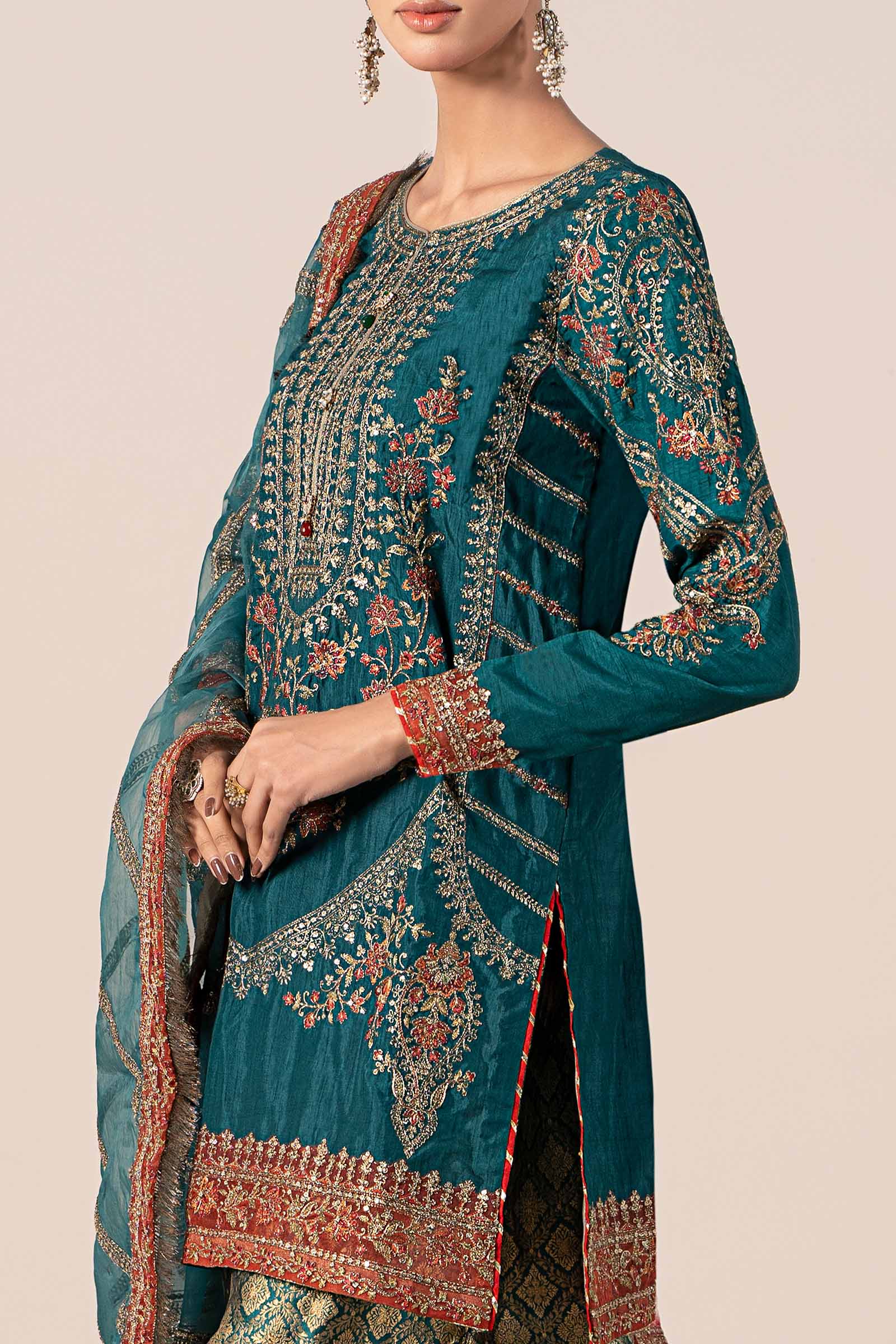 3 Piece Embroidered Raw Silk Suit