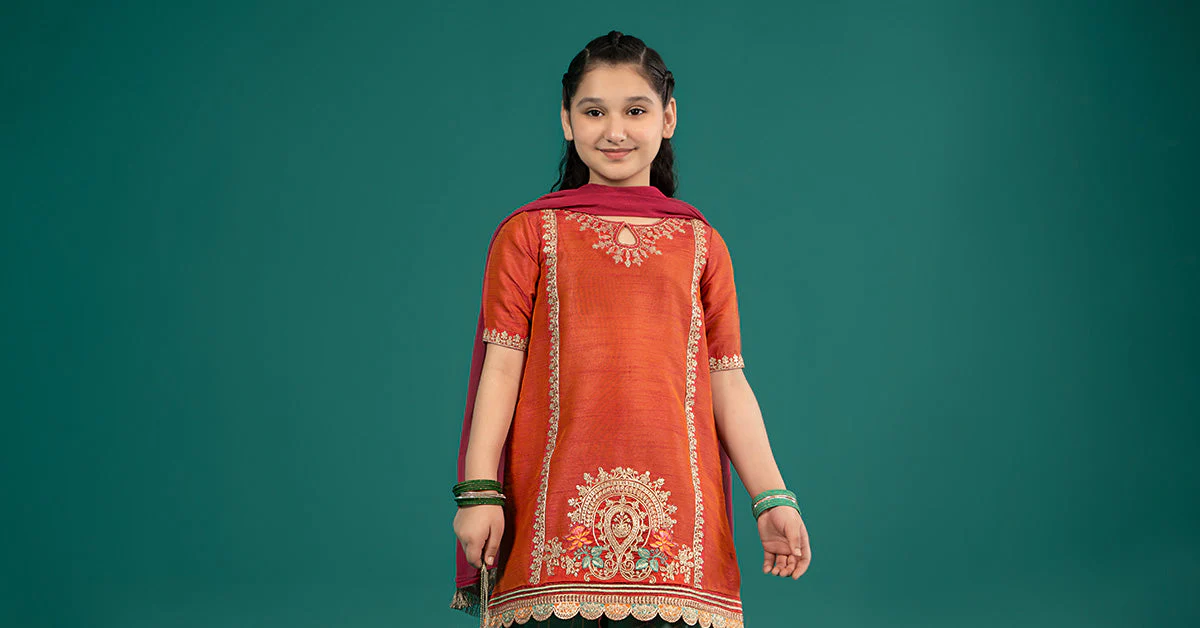 3 Piece Embroidered Raw Silk Suit