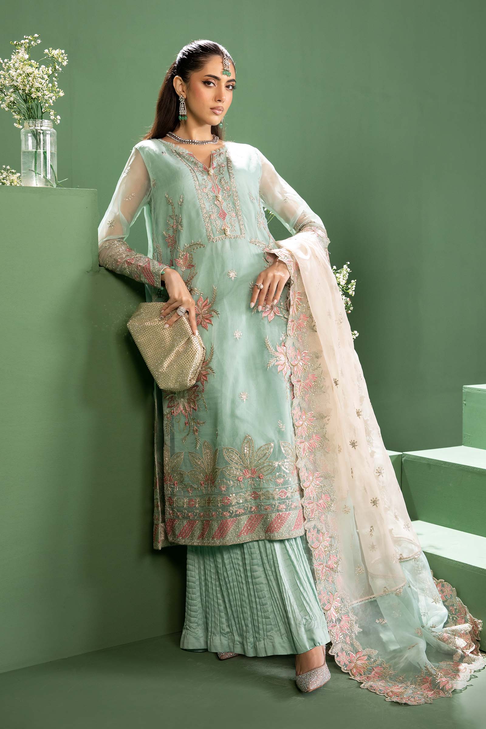 3 Piece Embroidered Raw Silk Suit