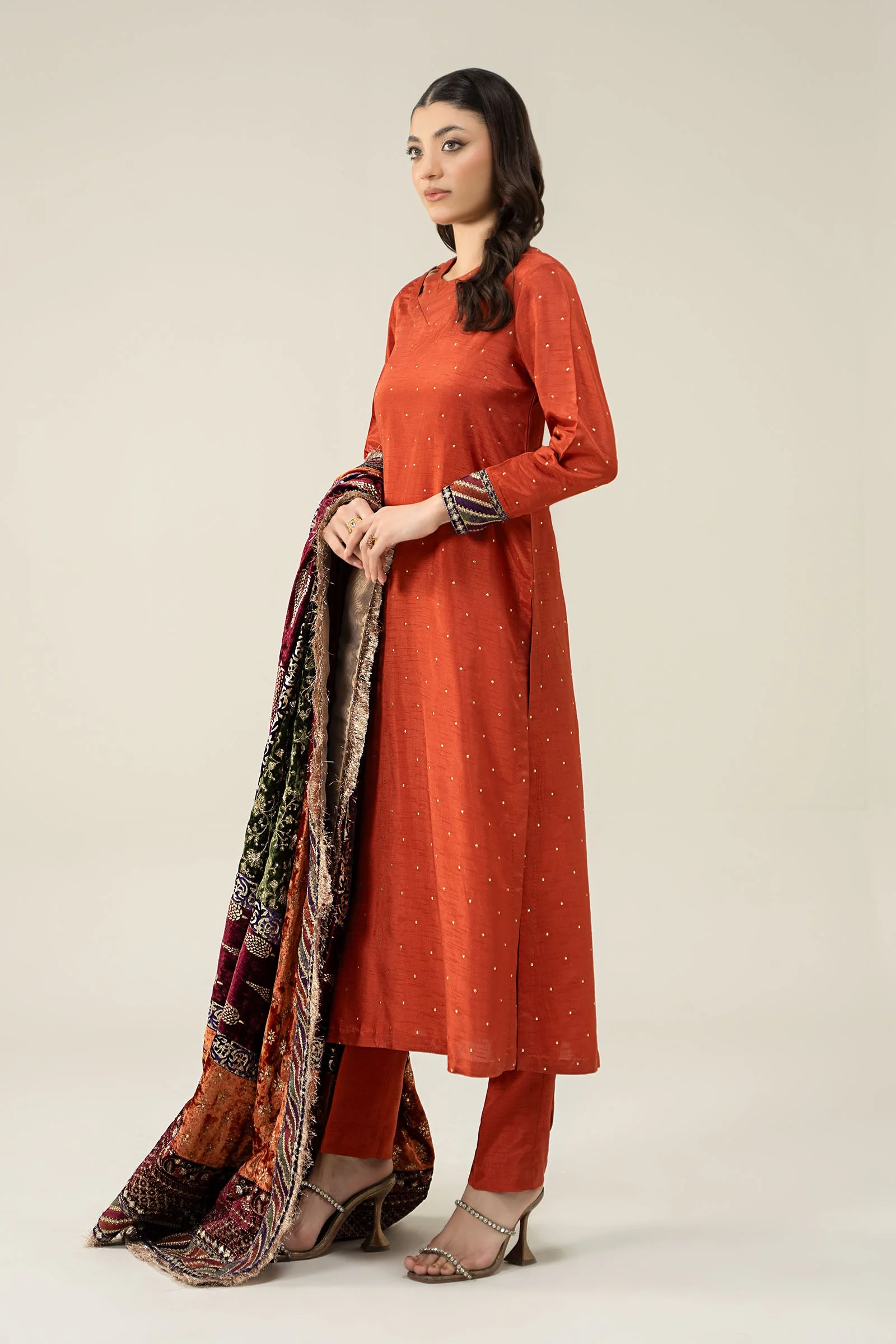 3 Piece Embroidered Raw Silk Suit