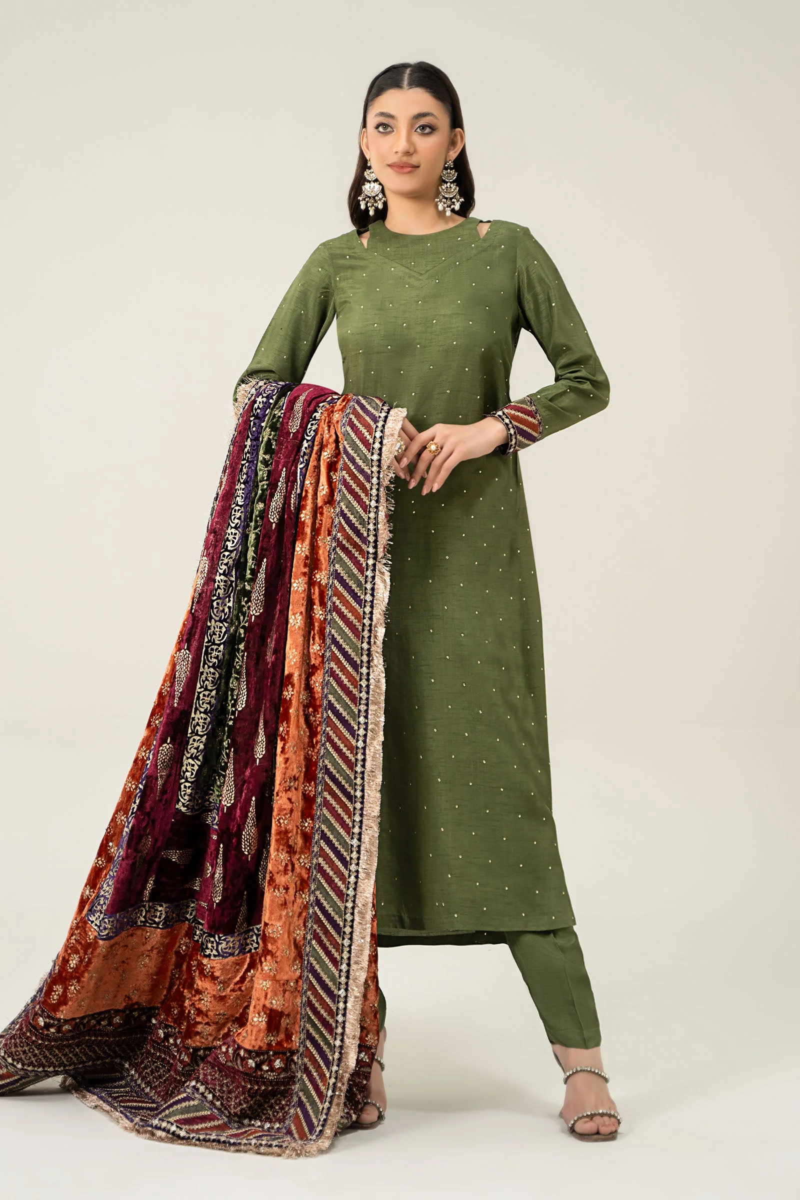 3 Piece Embroidered Raw Silk Suit