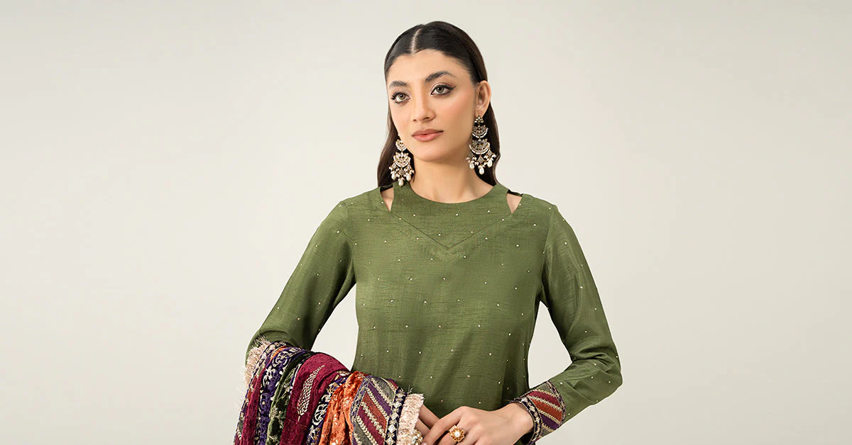 3 Piece Embroidered Raw Silk Suit