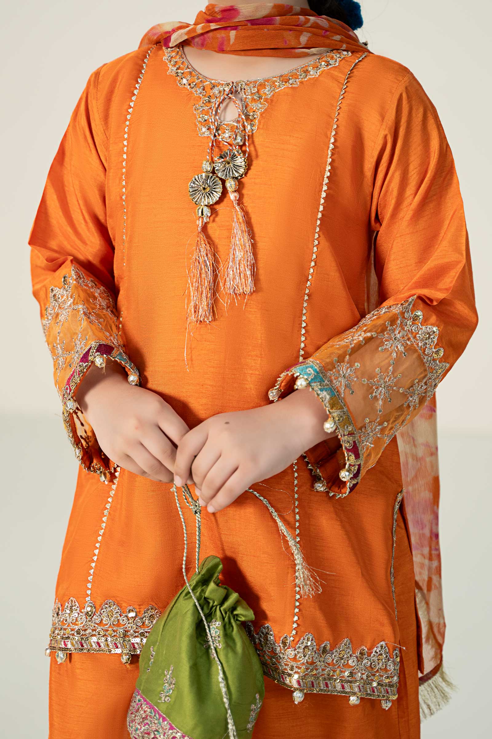 3 Piece Embroidered Raw Silk Suit